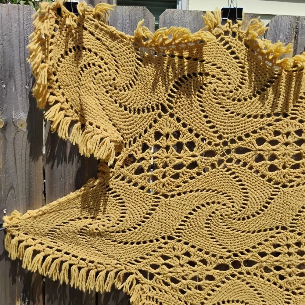 Vintage Mustard Yellow Crochet Afghan Blanket Pinwheel Starburst Fringe 112x65
